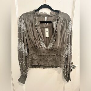 Anthropologie embroidered sheer top - olive